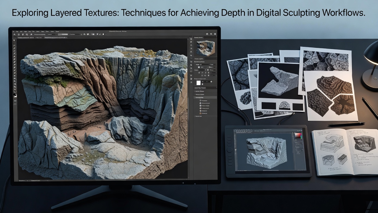 Close-up view of a sculpted surface with overlapping texture layers creating realistic depth and material variation