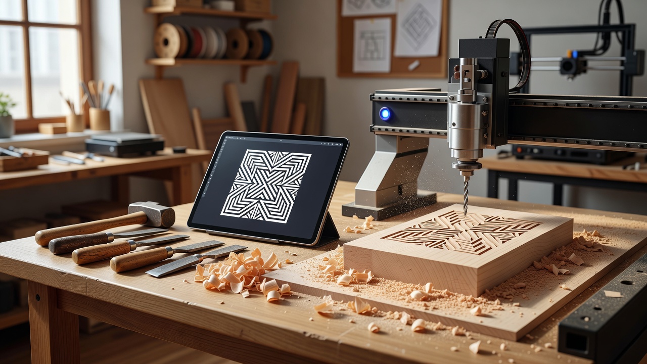 Student using a hybrid approach with digital design software and hand-finishing techniques on a carved wooden sculpture
